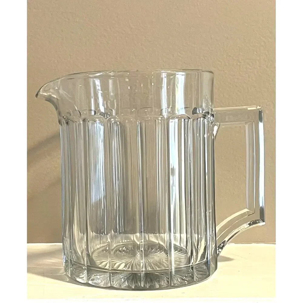 Vintage Small Heavy Clear Glass Pitcher with Ribbed Design, Square Handle